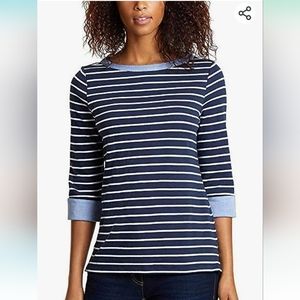 NAUTICA BLUE AND WHITE STRIPED, 3/4 SLEEVES. SIZE XXL